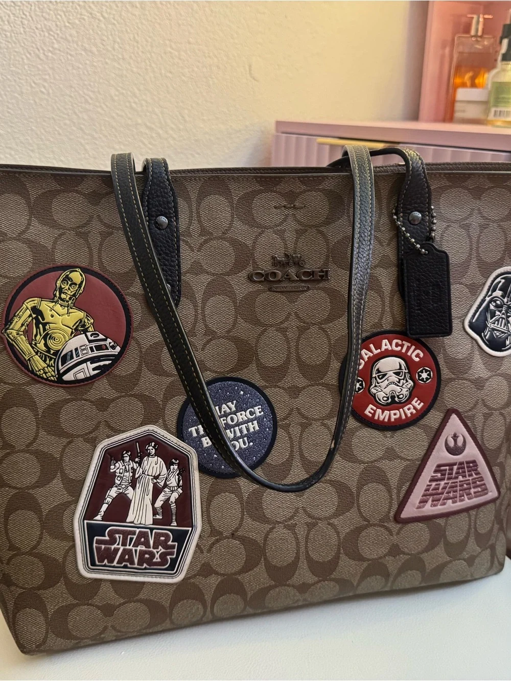 Coach Brown Signature Tote with Black Handles and Star Wars Patches